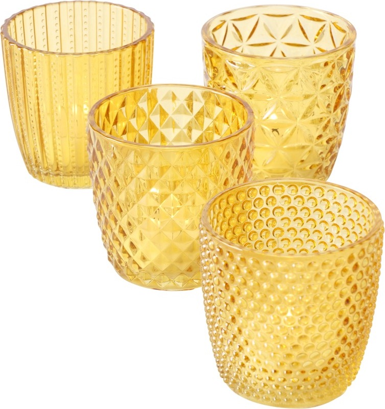 [4020607753655] Teelichthalter Marilu Glas lackiert gelb H.7,5 cm Ø.7,5 cm 4-teilig